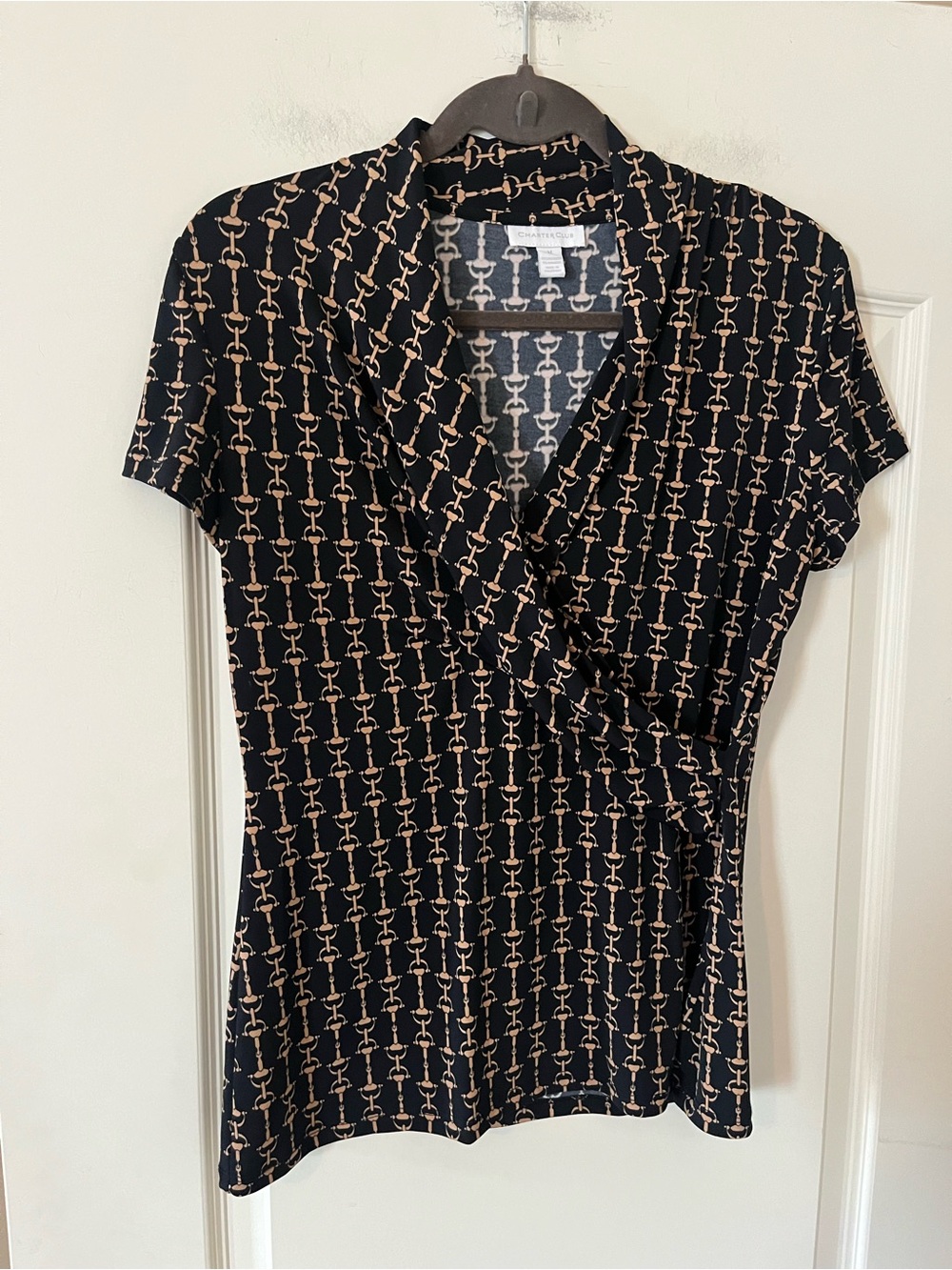 Charter Club Short-Sleeve Black & Gold Printed Wrap-Style Top Women’s Size M